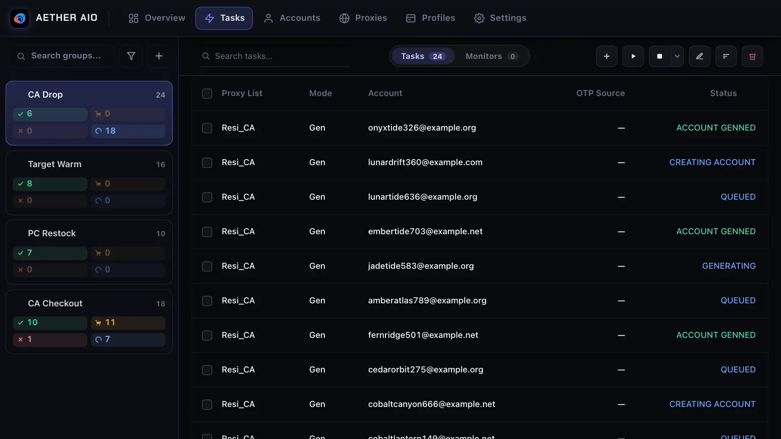 The AETHER AIO task table: one row per task with its proxy list, mode, a sample account address and its status, such as Queued, Creating account or Account genned.